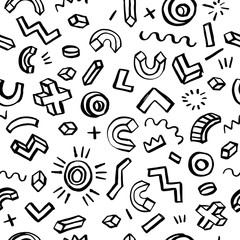 Memphis style black and white seamless geometric hand drawn ink pattern. Vector illustration