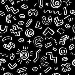 Memphis style black and white seamless geometric hand drawn ink pattern. Vector illustration