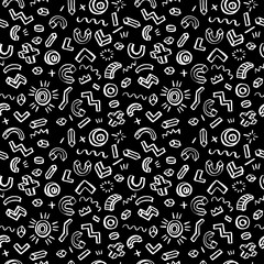 Memphis style black and white seamless geometric hand drawn ink pattern. Vector illustration