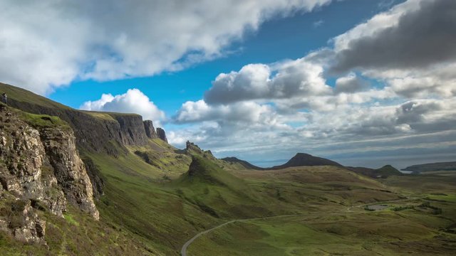Time lapse of the beautiful quiraing range of mountains in isle of skye, scotland on sunny day