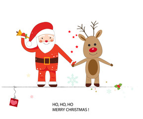 Santa claus and deer hand holding. Happy new year and merry christmas greeting card