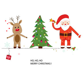 Santa claus, deer and Christmas tree. Happy new year and merry christmas greeting card