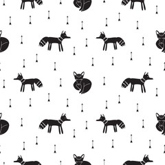 Cute hipster tribal foxes seamless vector pattern. Ethnic black and white animal background with arrows. Kids fabric or wrap paper print design.