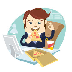 Vector illustration Funny business man eating pizza at his office work place with OK sign. Flat style