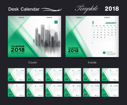 Set Desk Calendar 2018 template design, Green cover, Set of 12 Months, Week start Sunday