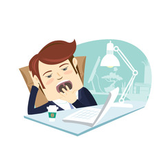 Fototapeta na wymiar Vector illustration Funny business man yawning at his workplace. Flat style