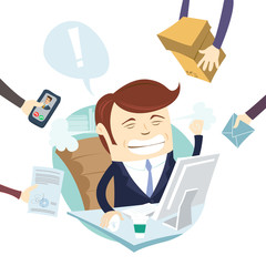 Vector illustration Business man superman flying in front of flipchart with arrow up. Flat style