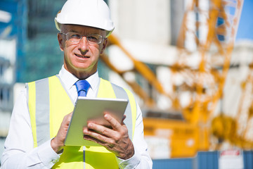 Construction manager controlling building site and tablet device in his hands