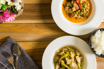 Beef, pork and fried mushrooms With one cup of rice You table is ready. This way, please.