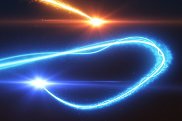 Cold and hot light streak breaks out on a black background with smoke and light particles 3d illustration