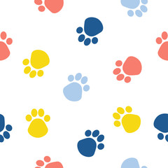 Fototapeta na wymiar Abstract dog paw seamless pattern background. Childish handmade craft for design card, cafe menu, wallpaper, gift album, scrapbook, holiday wrapping paper, baby nappy, bag print, t shirt etc.