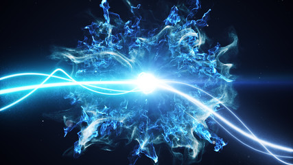 Two blue light streak breaks out on a black background with smoke and light particles and explode in space when interacting with each other 3d illustration
