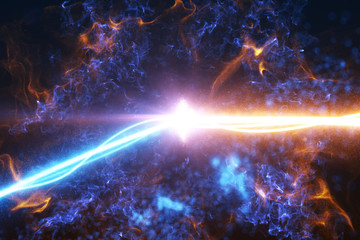 Cold and hot light streak breaks out on a black background with smoke and light particles and explode in space when interacting with each other 3d illustration