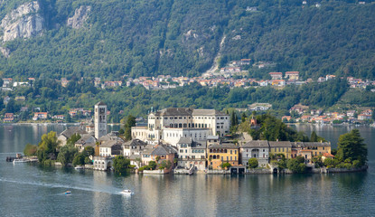 Fototapeta na wymiar Panoramic view of Orta San Giulio island in Orta Lake, Piedmont, northern Italy.
