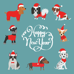 Greeting card for 2018. Happy new year. Dogs in costumes Santa Claus