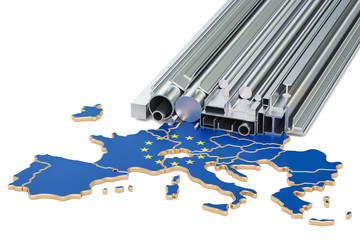 Production and trade of metal products in European Union, concept. 3D rendering