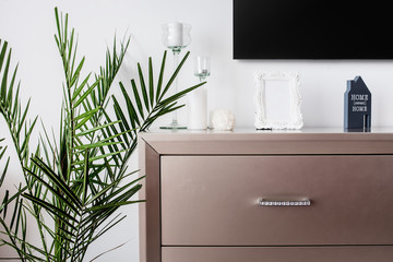 Tv stand and plant decor on modern bedroom design