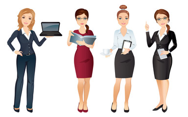 Business woman in elegant office clothes in different poses. Office team / Flat design, vector cartoon character.