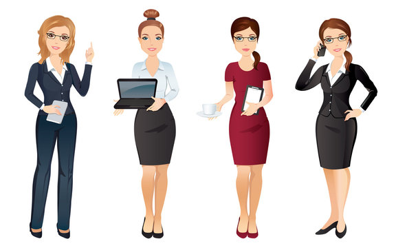 Business woman in elegant office clothes in different poses. Office team / Flat design, vector cartoon character.