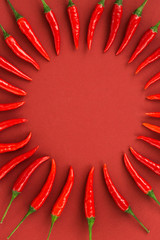 red hot chili peppers, popular spices concept - decorative circle is made from red hot chili pepper pods on red background, in the middle is free space for text, top view, flat lay, vertical.