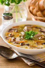 Chicken soup with mushrooms and noodles on rustic wooden table