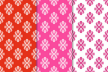 Set of floral ornaments. Red vertical seamless patterns