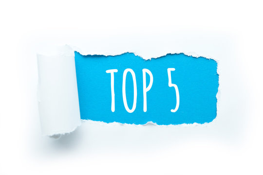 "Top 5" with a rupture of paper on a white background. A selection of amazing facts.