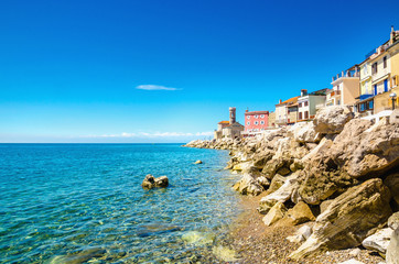 View on the Piran Coast, Gulf of Piran on the Adriatic Sea, Slovenia