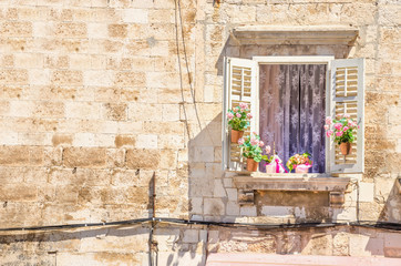 Window with flowers on the background of a white stone wall typical of architecture in Croatia