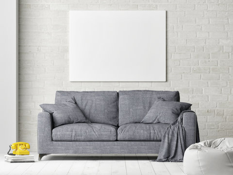 Mock up poster interior concept with sofa, 3d illustration
