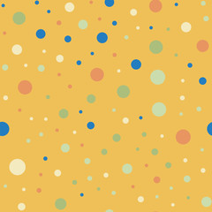 Colorful polka dots seamless pattern on bright 6 background. Excellent classic colorful polka dots textile pattern. Seamless scattered confetti fall chaotic decor. Abstract vector illustration.