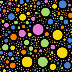 Colorful polka dots seamless pattern on black 2 background. Sightly classic colorful polka dots textile pattern. Seamless scattered confetti fall chaotic decor. Abstract vector illustration.