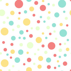 Colorful polka dots seamless pattern on white 16 background. Breathtaking classic colorful polka dots textile pattern. Seamless scattered confetti fall chaotic decor. Abstract vector illustration.