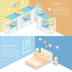 Isometric hostel room.Flat 3D