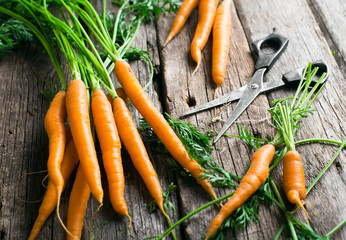 Raw carrot with green leaves near scissors on wooden background