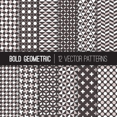 Bold Geometric Seamless Vector Patterns in Gray, Black and White. Triangles, Dots, Houndstooth, Herringbone, Pinwheel and Lattice Prints. Pattern Tile Swatches Included.