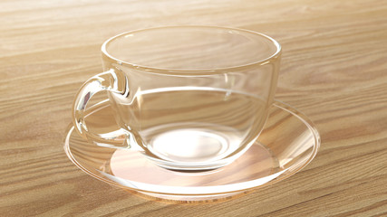 Tasse und Untertasse aus Glas auf Holztisch