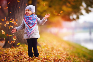 adorable happy baby girl throwing the fallen leaves up, playing in the autumn park