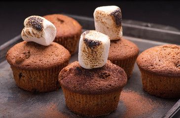 Fresh baked muffins with marshmallows
