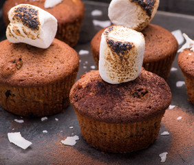 Fresh baked muffins with marshmallows and coconut flakes