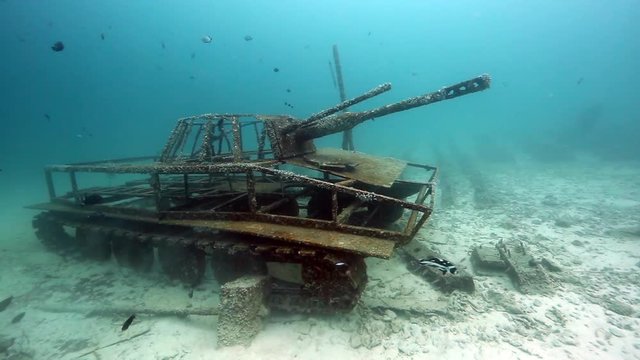 Army tank sunken underwater for scuba divers at Pulau Weh, Indonesia 