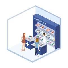 Isometric 3D vector illustration pharmacy store with customers