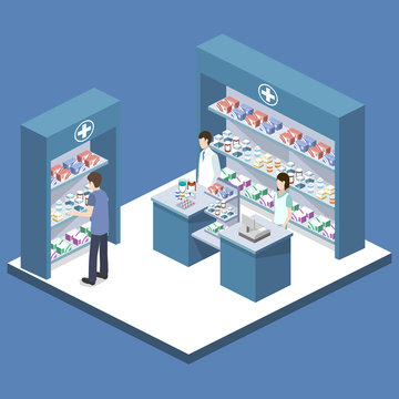 Isometric 3D vector illustration pharmacy store with customers