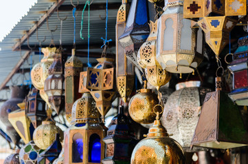 Handmade metal and glass lanterns for sale in the Souks, Marrakech, Morocco