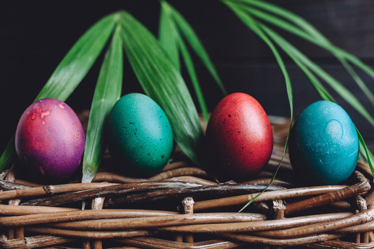 Easter eggs with a palm tree behind