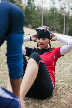 Two people training outdoors