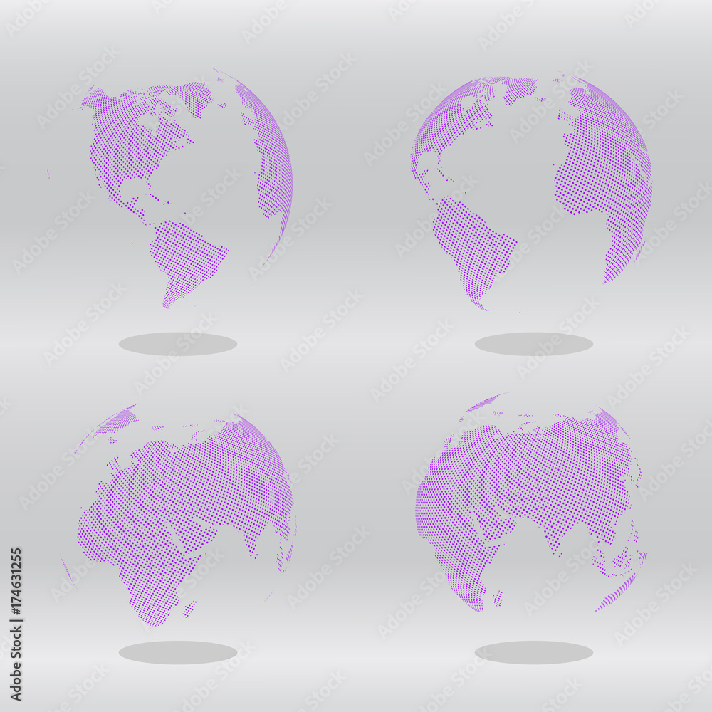Sticker abstract set of globes with dotted map. color vector illustration.
