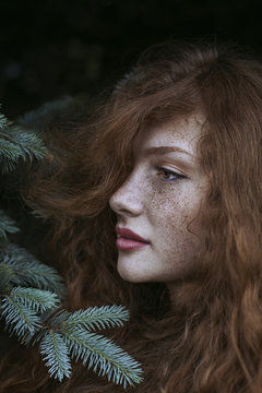 Portrait of a beautiful redhead with freckles 