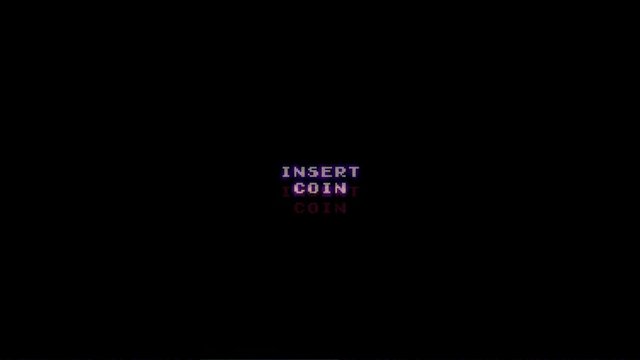 A videogame screen, with the messages Get Ready, Insert Coin, Press Start. With digital and analog glitches. 8-bit ear retro style.

