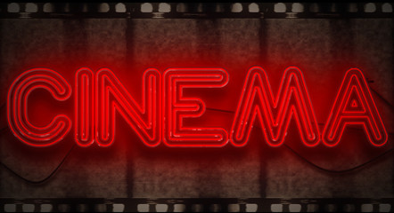 3D rendering flickering blinking red neon sign on  film strip background, cinema movie film entertainment sign